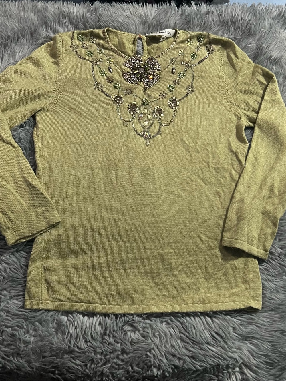 Oscar de la Renta Olive Green Embellished Long Sleeve Top